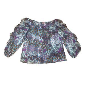 Kate Spade LARGE 100% silk floral print ruffle top blouse purple blue on white